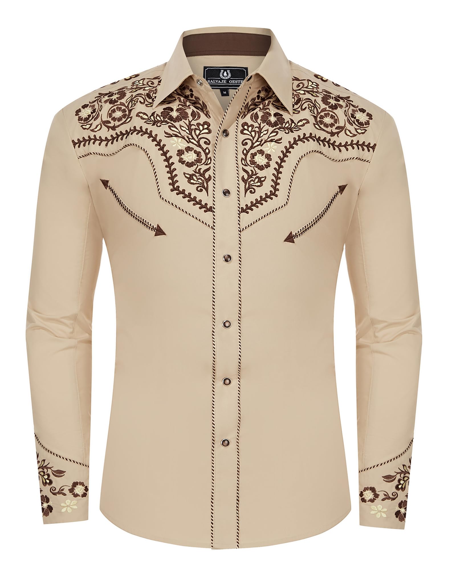 SALVAJE OESTE Western Embroidered Cowboy Shirts for Men, Casual Button Down Long Sleeve Shirt Floral Design Retro Shirt Khaki