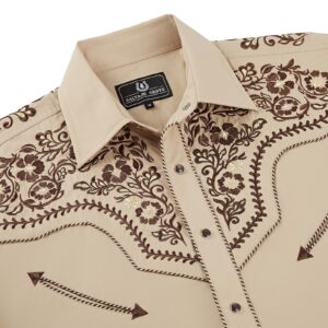 SALVAJE OESTE Western Embroidered Cowboy Shirts for Men, Casual Button Down Long Sleeve Shirt Floral Design Retro Shirt Khaki