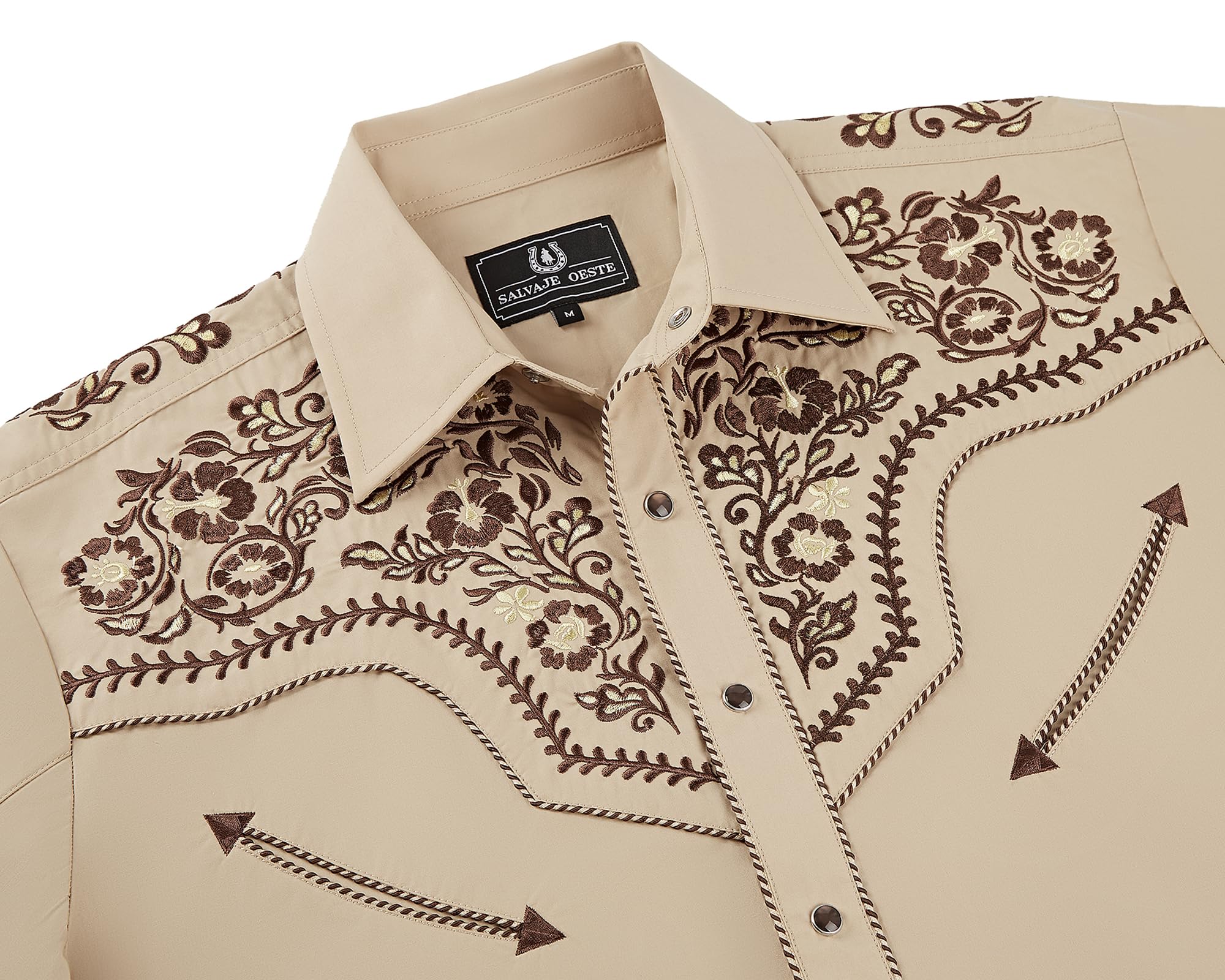 SALVAJE OESTE Western Embroidered Cowboy Shirts for Men, Casual Button Down Long Sleeve Shirt Floral Design Retro Shirt Khaki