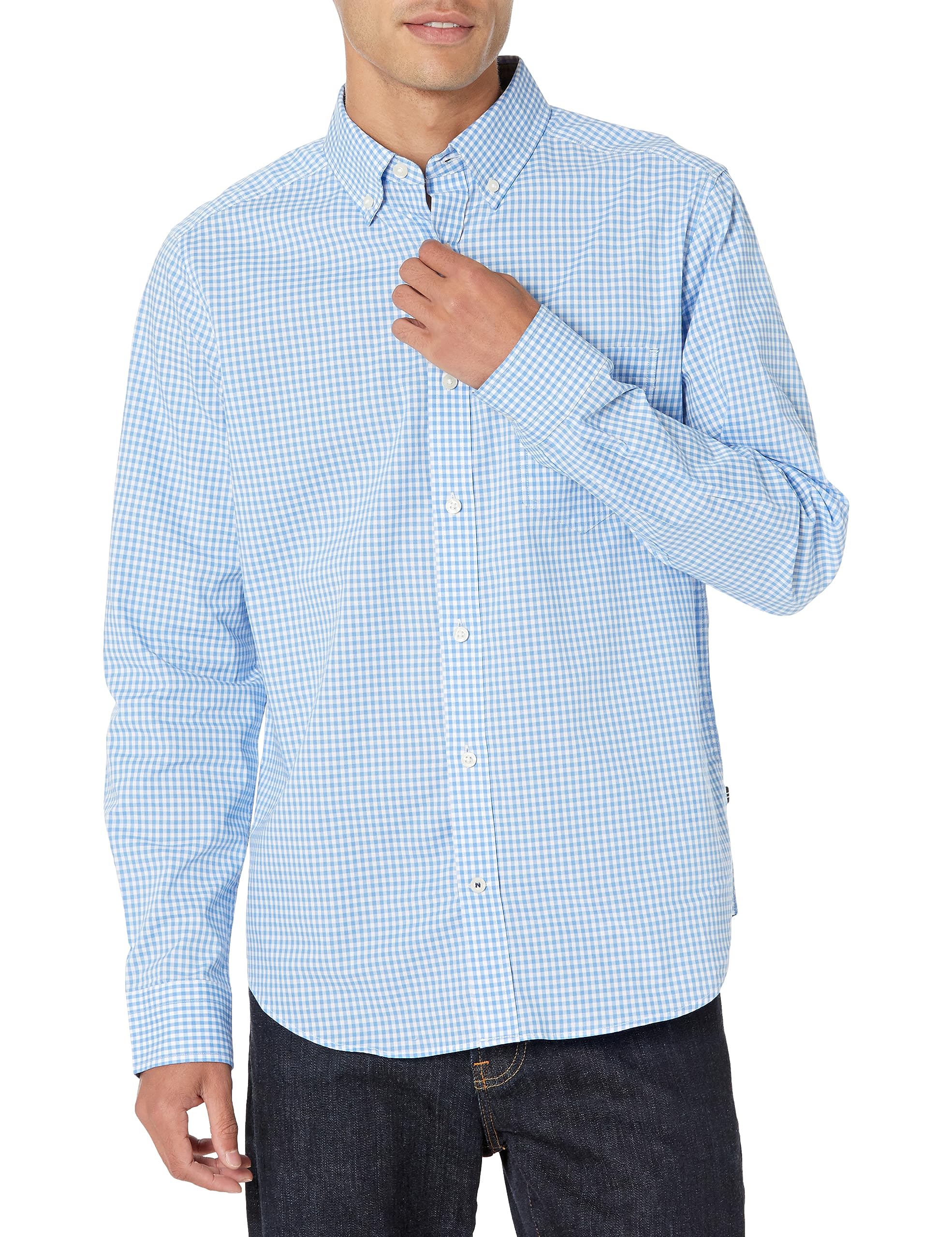 Nautica Men's Classic Fit Gingham Stretch Cotton Shirt, Light French Blue