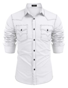 coofandy mens shirt western dress long sleeve casual cotton button down denim work, white, medium, long sleeve