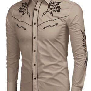 COOFANDY Mens Western Cowboy Shirt Embroidered Denim Long Sleeve Casual Button Down Shirt (Large, Khaki)