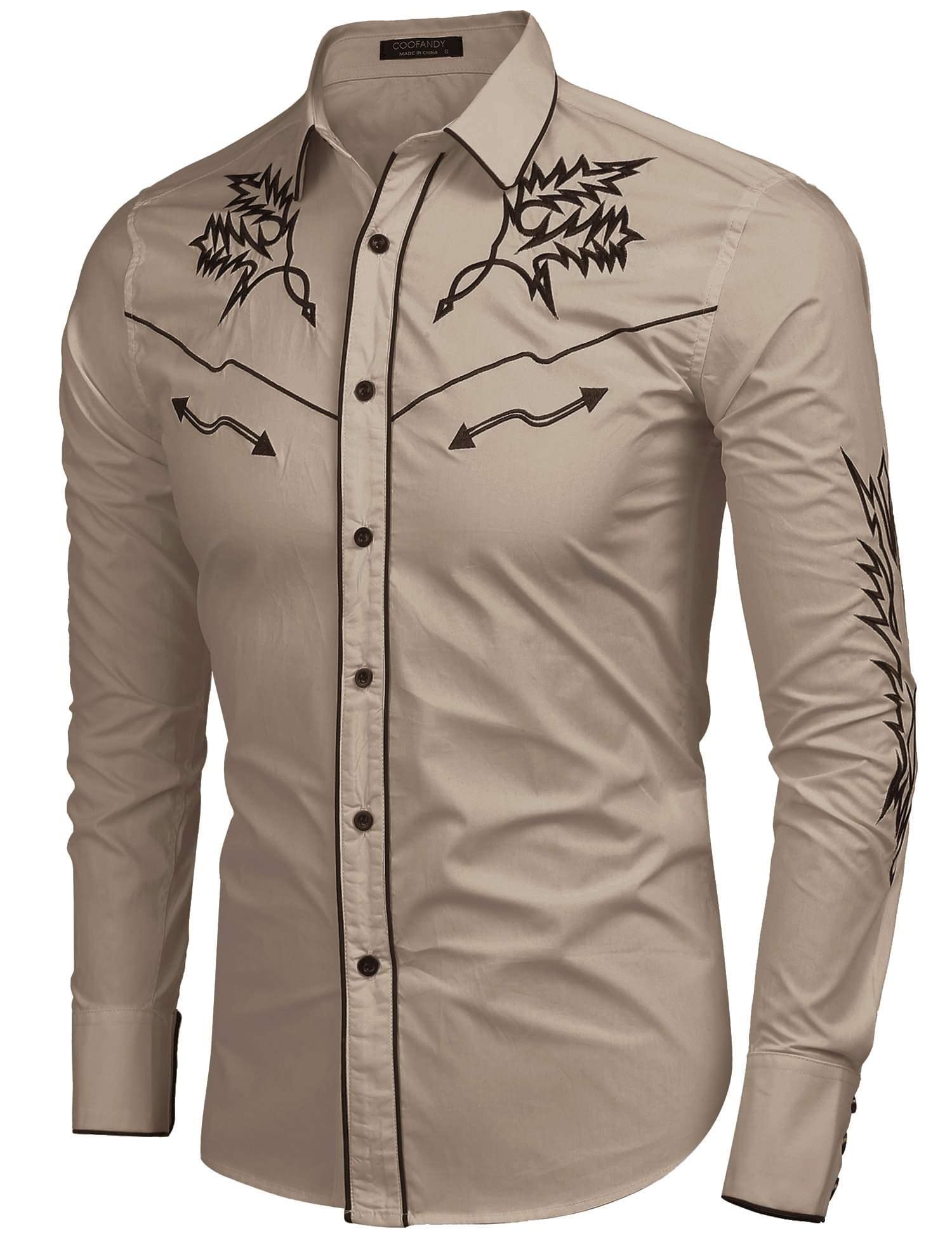 COOFANDY Mens Western Cowboy Shirt Embroidered Denim Long Sleeve Casual Button Down Shirt (Large, Khaki)