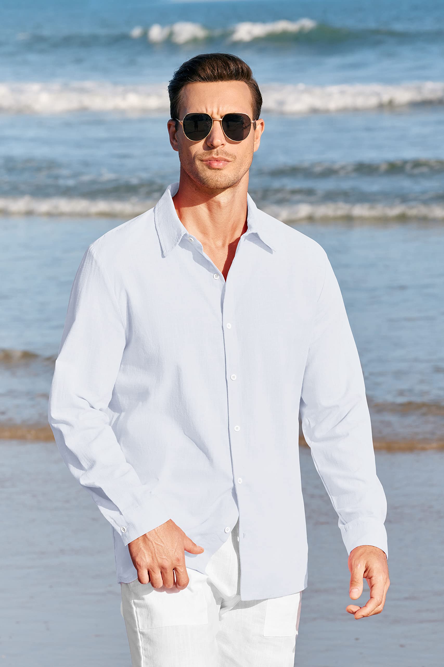 Mens Button Up Shirts Linen Beach Long Sleeve Casual Cotton Summer Lightweight Tops X-Large