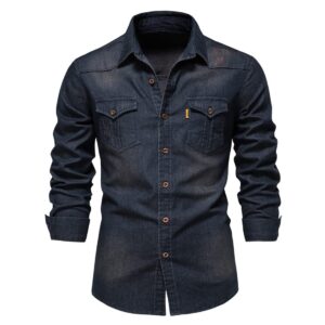utcoco men's casual slim fit long sleeve lapel button down denim shirt with chest pockets (l, dark blue)