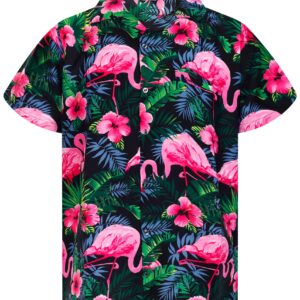 KING KAMEHA Funky Hawaiian Shirt, Shortsleeve, Flamingo Flowers, Black Pink, XXL