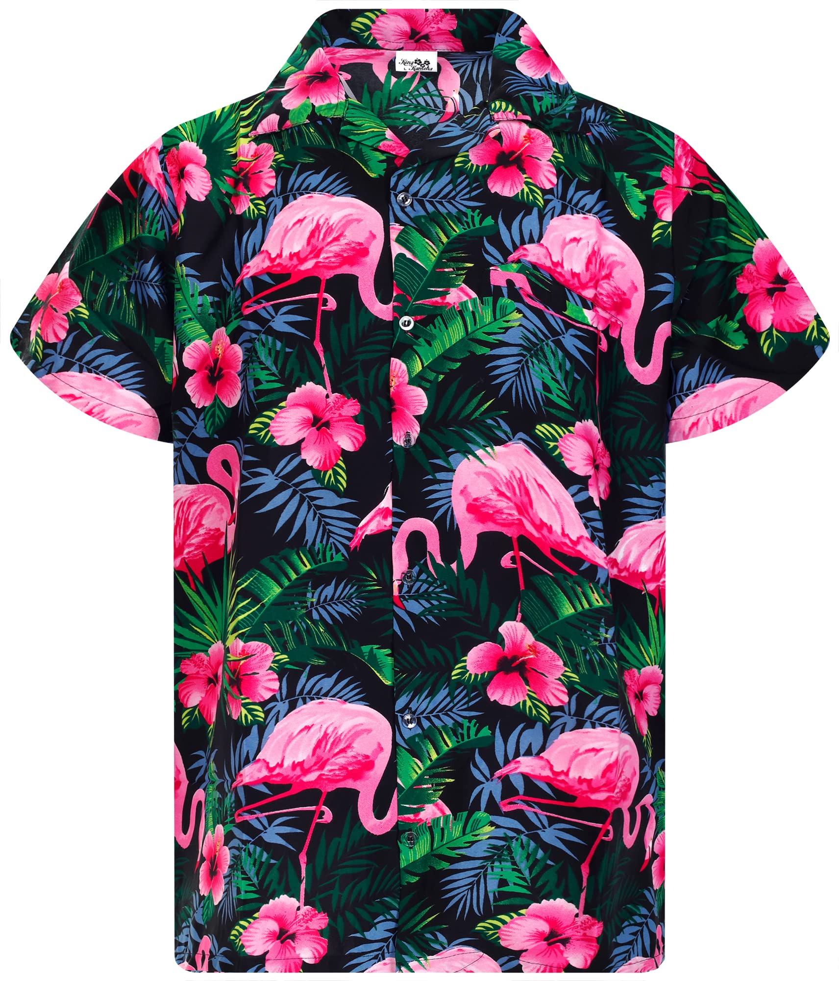 KING KAMEHA Funky Hawaiian Shirt, Shortsleeve, Flamingo Flowers, Black Pink, XXL