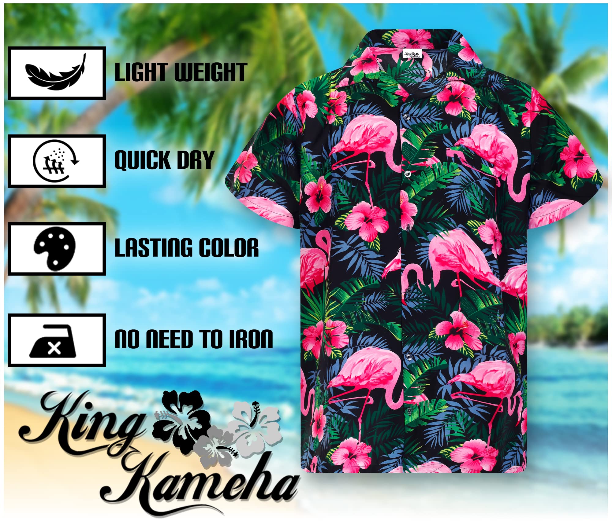 KING KAMEHA Funky Hawaiian Shirt, Shortsleeve, Flamingo Flowers, Black Pink, XXL