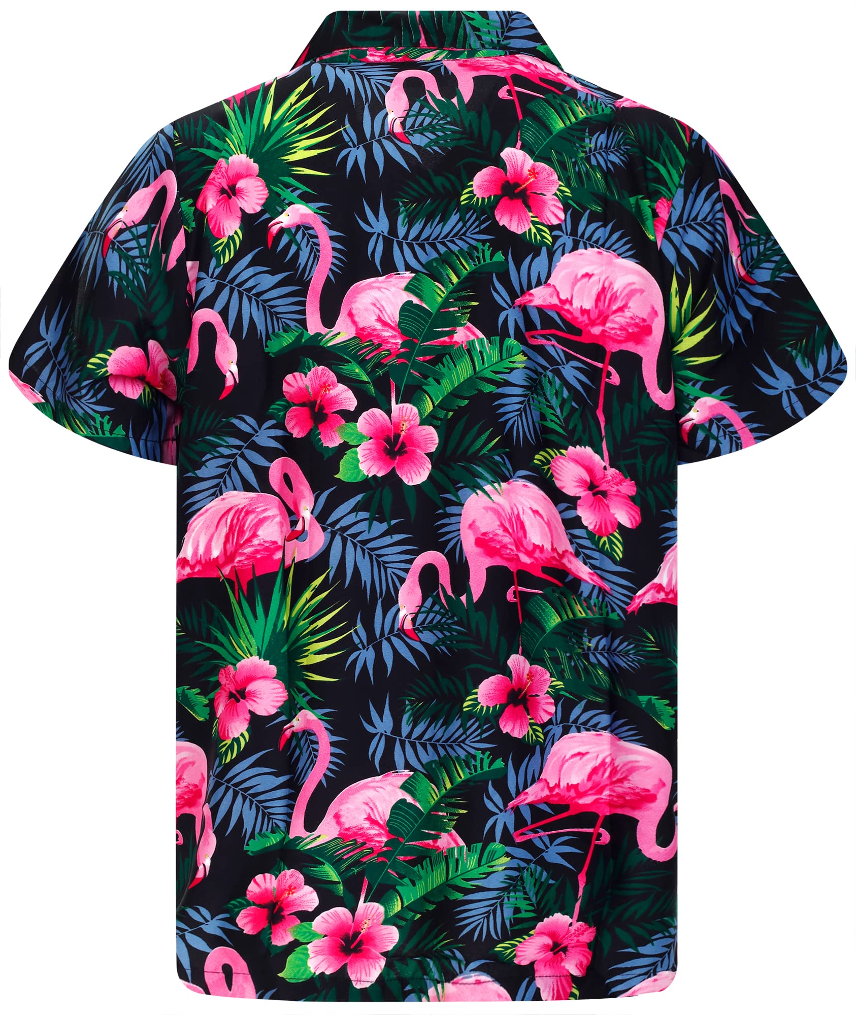 KING KAMEHA Funky Hawaiian Shirt, Shortsleeve, Flamingo Flowers, Black Pink, XXL