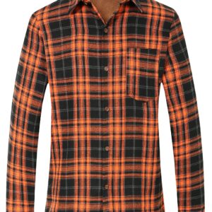 SSLR Flannel Shirts for Men, Long Sleeve Button Down Shirt Lightweight Plaid Brushed Casual (Small, Orange Flannel)