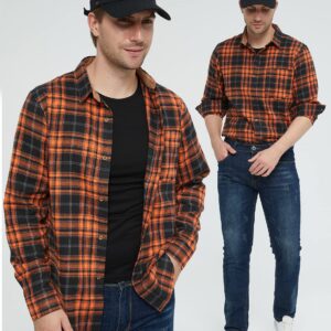 SSLR Flannel Shirts for Men, Long Sleeve Button Down Shirt Lightweight Plaid Brushed Casual (Small, Orange Flannel)