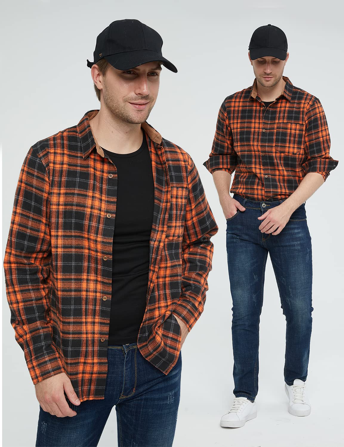 SSLR Flannel Shirts for Men, Long Sleeve Button Down Shirt Lightweight Plaid Brushed Casual (Small, Orange Flannel)