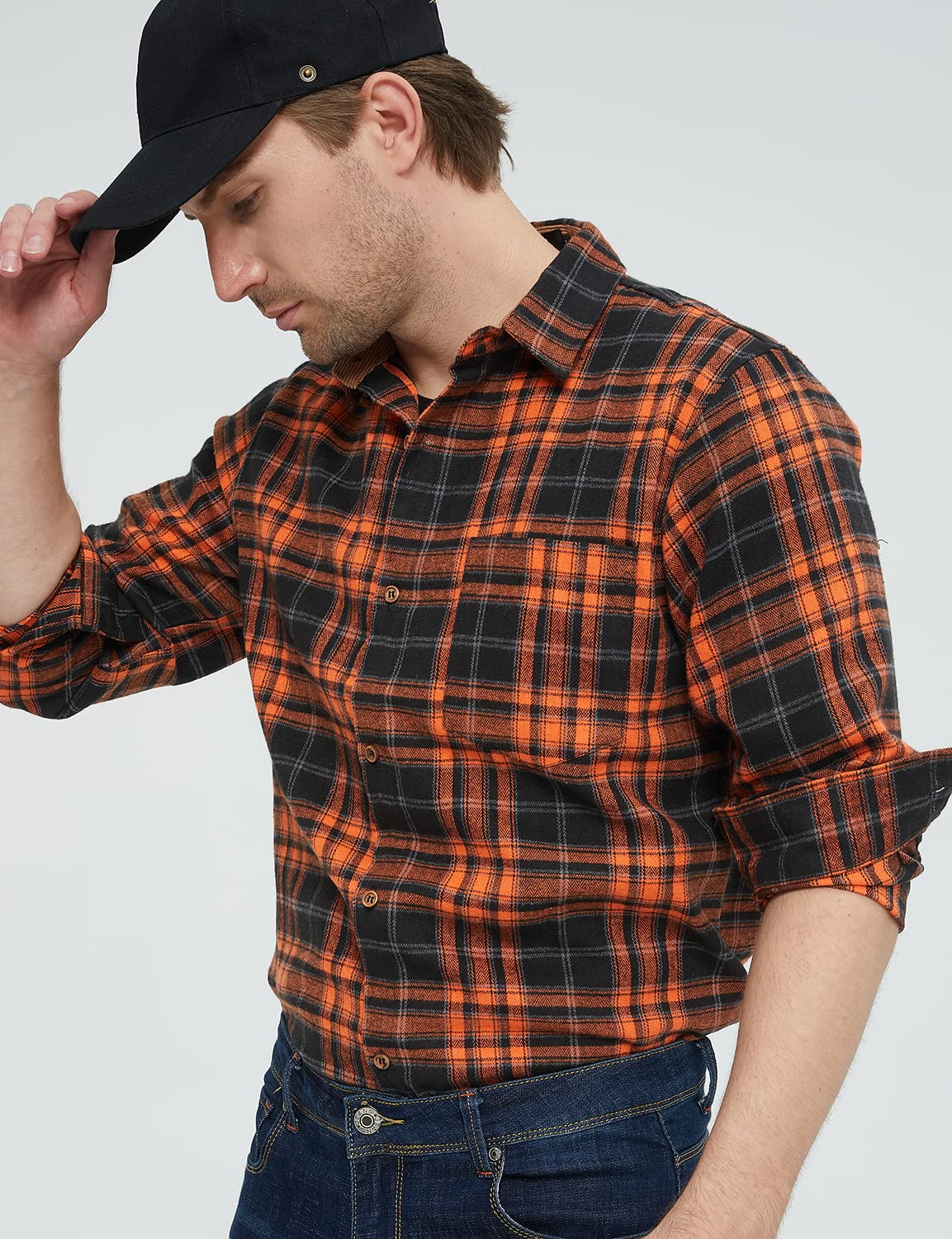 SSLR Flannel Shirts for Men, Long Sleeve Button Down Shirt Lightweight Plaid Brushed Casual (Small, Orange Flannel)