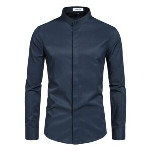 vancoog men's mandarin collar long sleeve casual interview formal business dress shirt camisas de vestir para hombres-navy blue-l