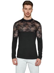 wdirara men's see through floral lace mock neck long sleeve casual tee shirt top black xl