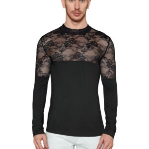 WDIRARA Men's See Through Floral Lace Mock Neck Long Sleeve Casual Tee Shirt Top Black XL