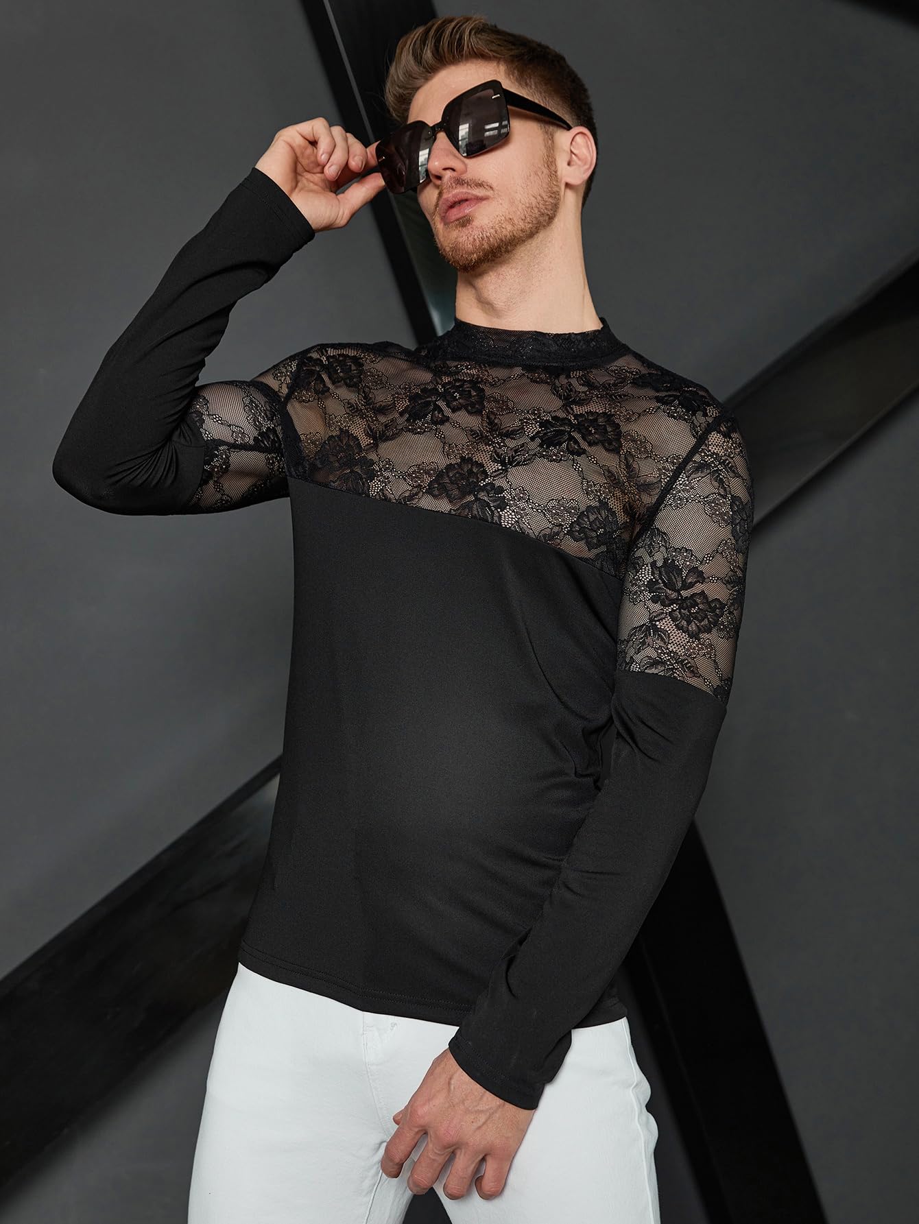 WDIRARA Men's See Through Floral Lace Mock Neck Long Sleeve Casual Tee Shirt Top Black XL