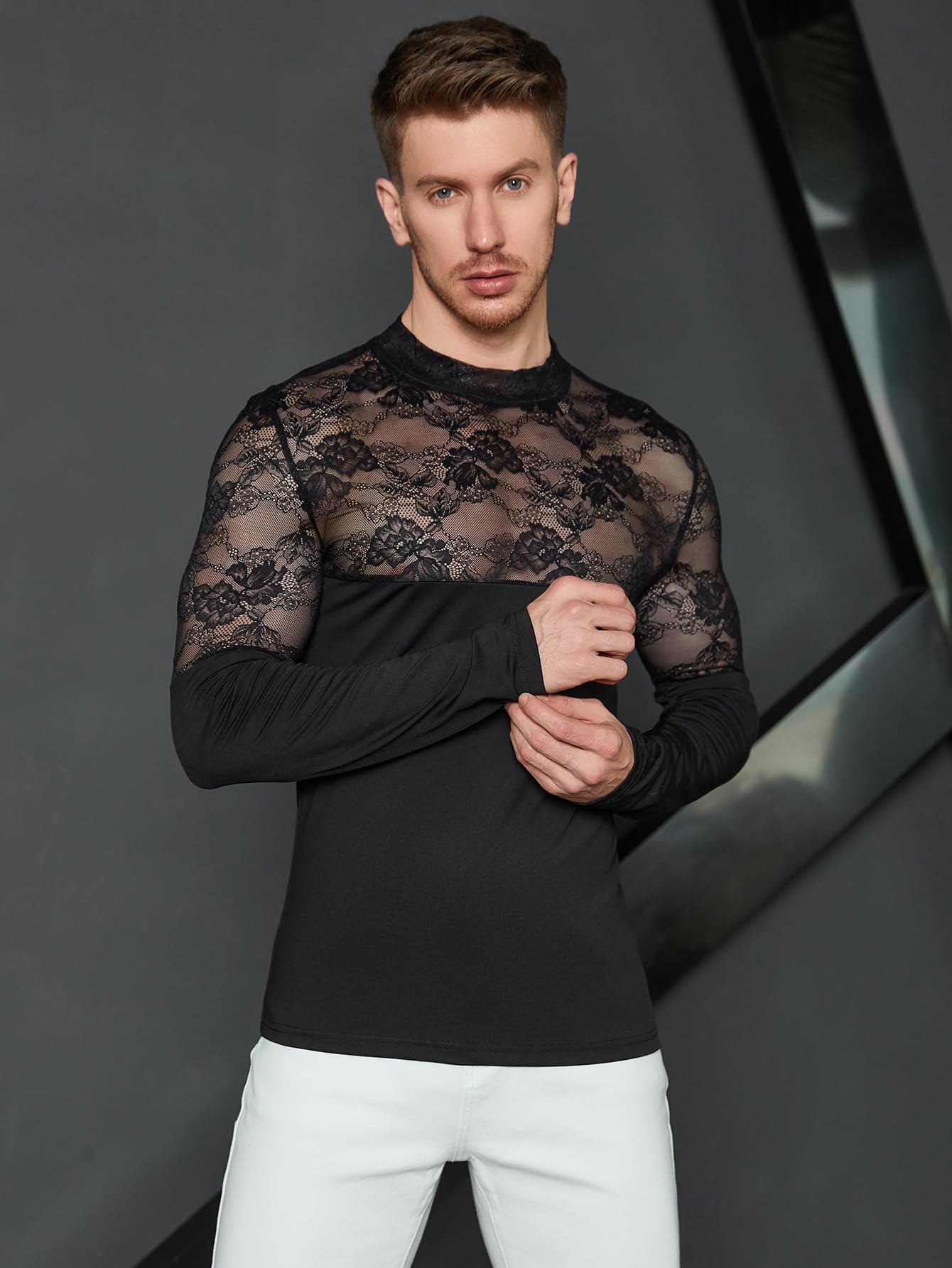 WDIRARA Men's See Through Floral Lace Mock Neck Long Sleeve Casual Tee Shirt Top Black XL