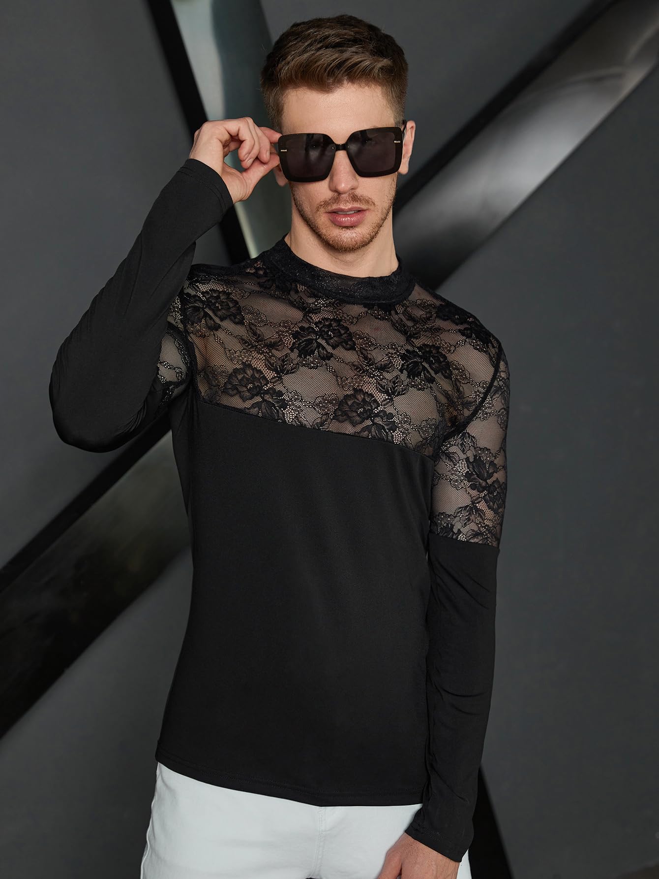 WDIRARA Men's See Through Floral Lace Mock Neck Long Sleeve Casual Tee Shirt Top Black XL