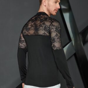 WDIRARA Men's See Through Floral Lace Mock Neck Long Sleeve Casual Tee Shirt Top Black XL