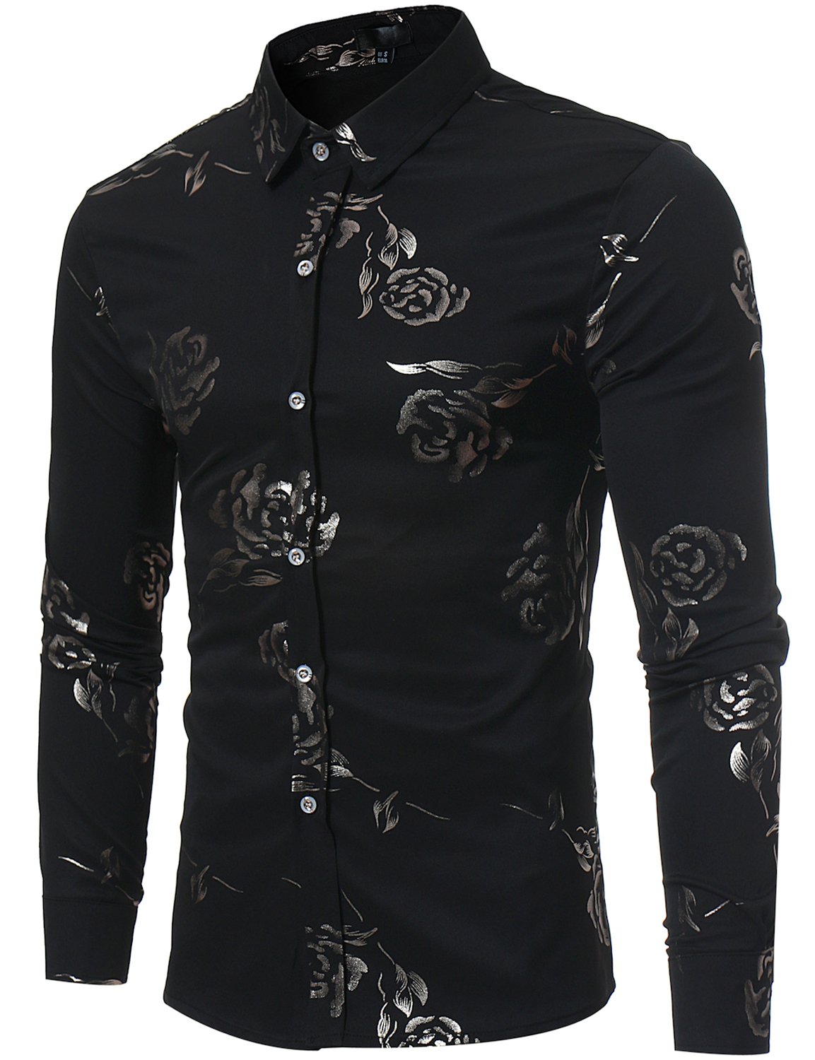 ZEROYAA Mens Hipster Gold Rose Printed Slim Fit Long Sleeve Dress Shirts/Prom Performing Shirts Z56 Black Medium