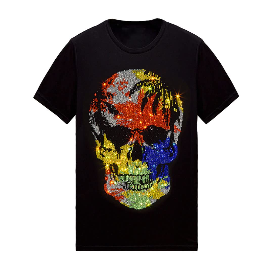 HZCX Mens Womens T Shirt Rhinestone Short Sleeve Mercerized Cotton Graphic Tees(Color Skull black,XL)