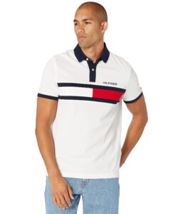 tommy hilfiger men's short sleeve cotton pique flag polo in regular fit, bright white, x-large