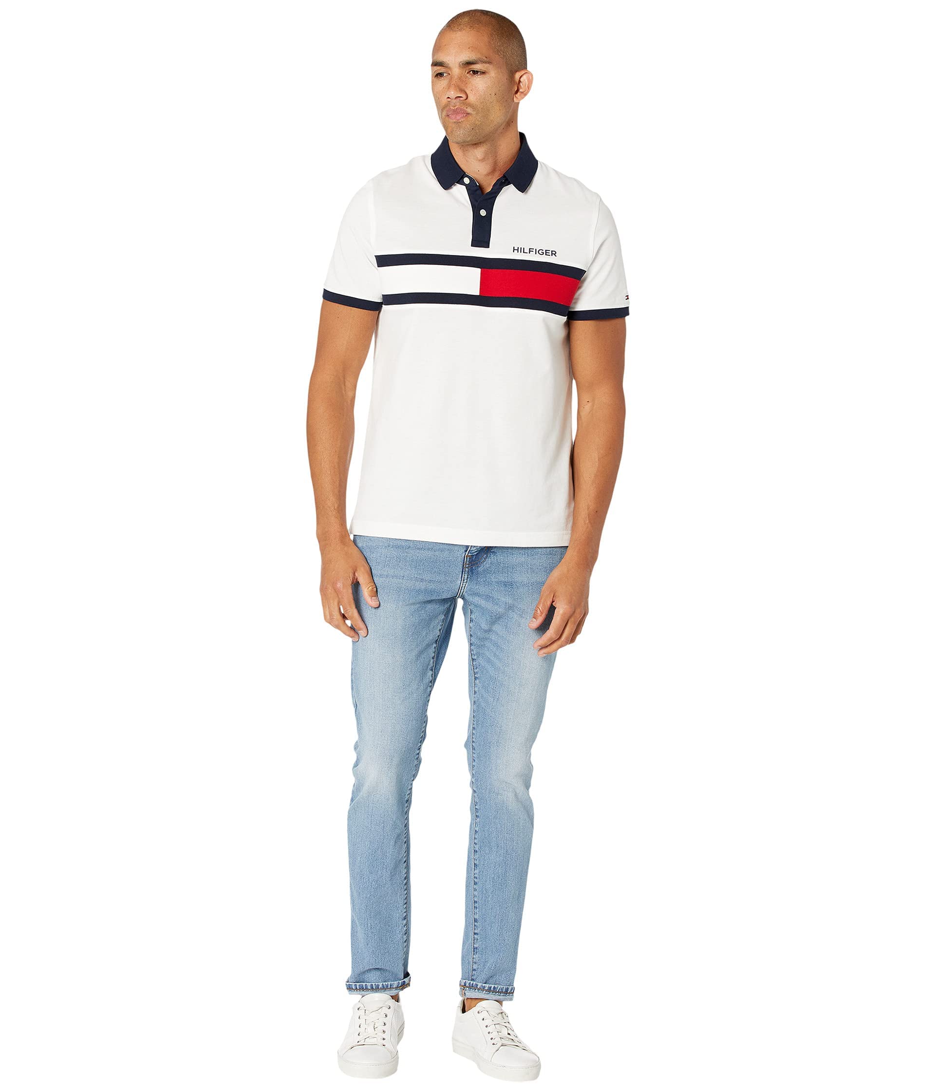 Tommy Hilfiger Men's Short Sleeve Cotton Pique Flag Polo in Regular Fit, BRIGHT WHITE, X-Large