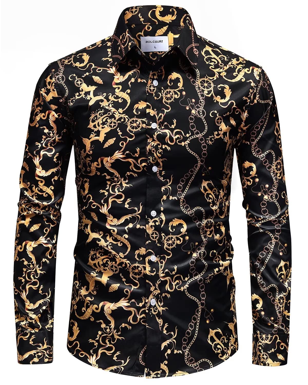 Bolcguri Mens Black Gold Chain Dress Shirts Luxury Baroque Print Long Sleeve Button Up Buchona Silky Shirt S