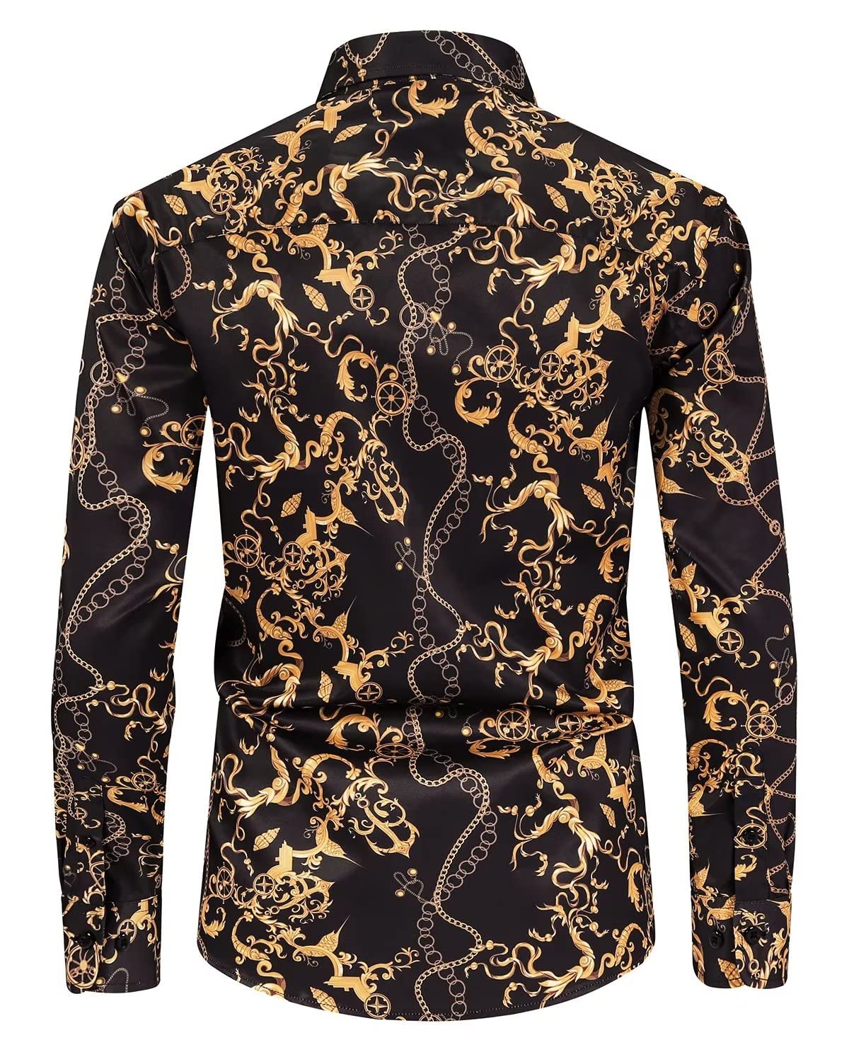 Bolcguri Mens Black Gold Chain Dress Shirts Luxury Baroque Print Long Sleeve Button Up Buchona Silky Shirt S