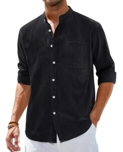 alimens & gentle men's cotton linen shirts long sleeve button down shirt band collar beach shirts black