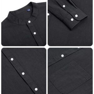 Alimens & Gentle Men's Cotton Linen Shirts Long Sleeve Button Down Shirt Band Collar Beach Shirts Black