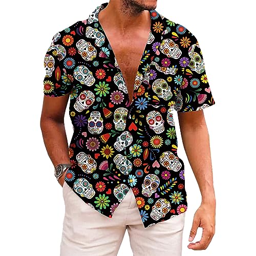 KYKU Sugar Skulls Shirts for Men Graphic Button Up Shirt, Colourful, X-Large