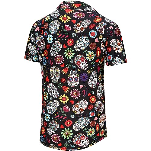 KYKU Sugar Skulls Shirts for Men Graphic Button Up Shirt, Colourful, X-Large