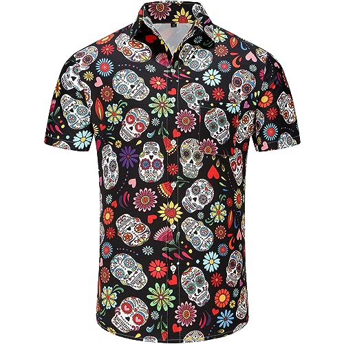 KYKU Sugar Skulls Shirts for Men Graphic Button Up Shirt, Colourful, X-Large