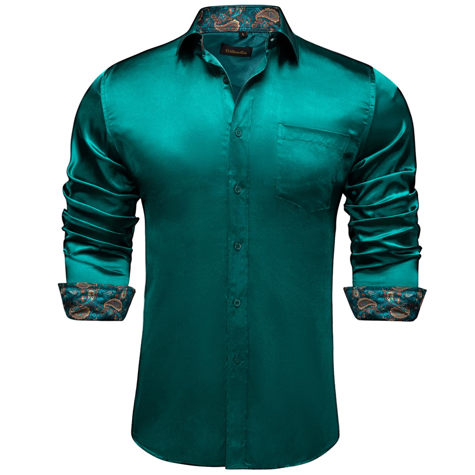 DiBanGu Men's Teal Satin Dress Shirts Casual Silk Casual Dance Party Shirt for Men Wrinkle Free Tuxedo Shirt