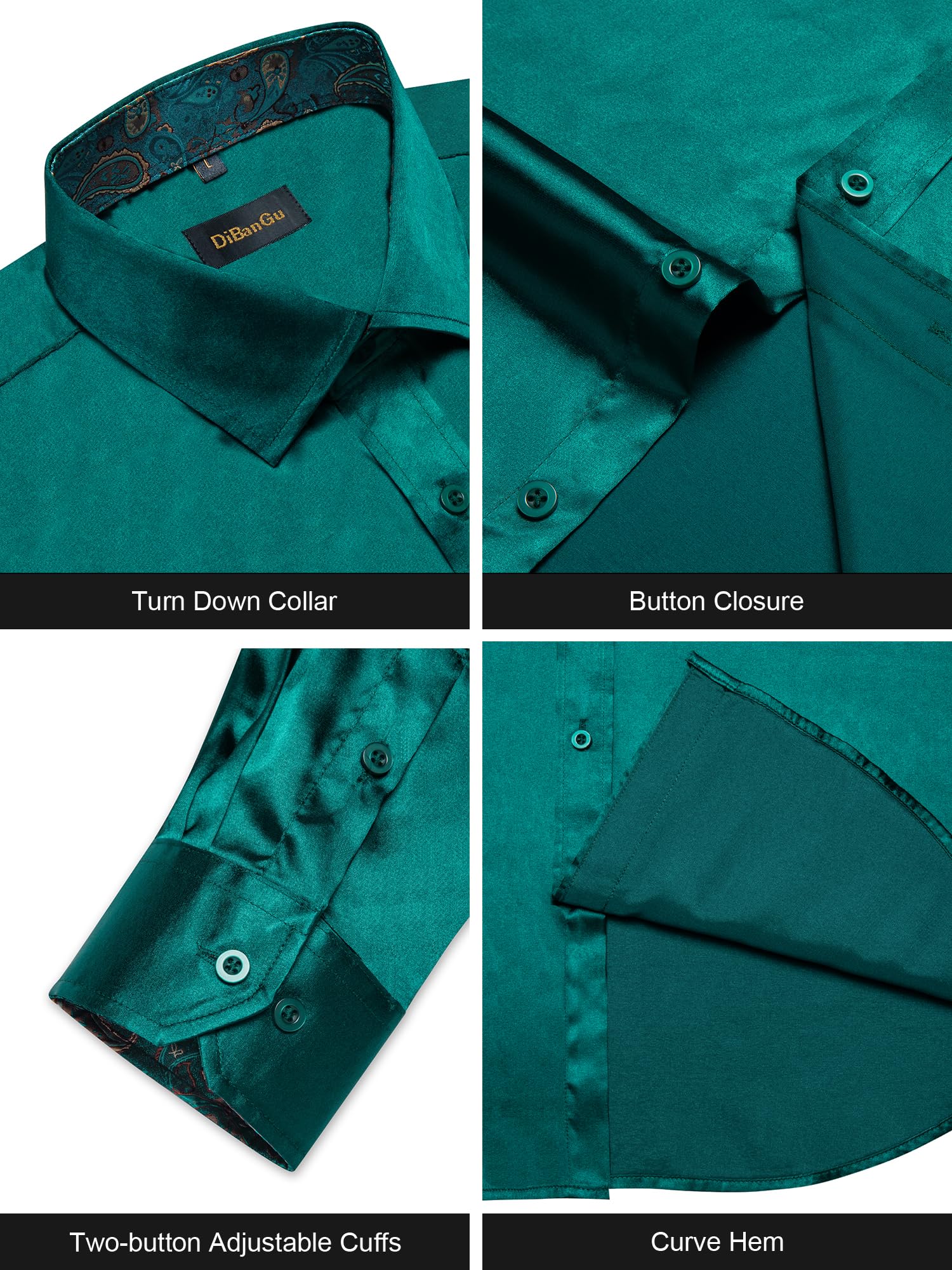 DiBanGu Men's Teal Satin Dress Shirts Casual Silk Casual Dance Party Shirt for Men Wrinkle Free Tuxedo Shirt