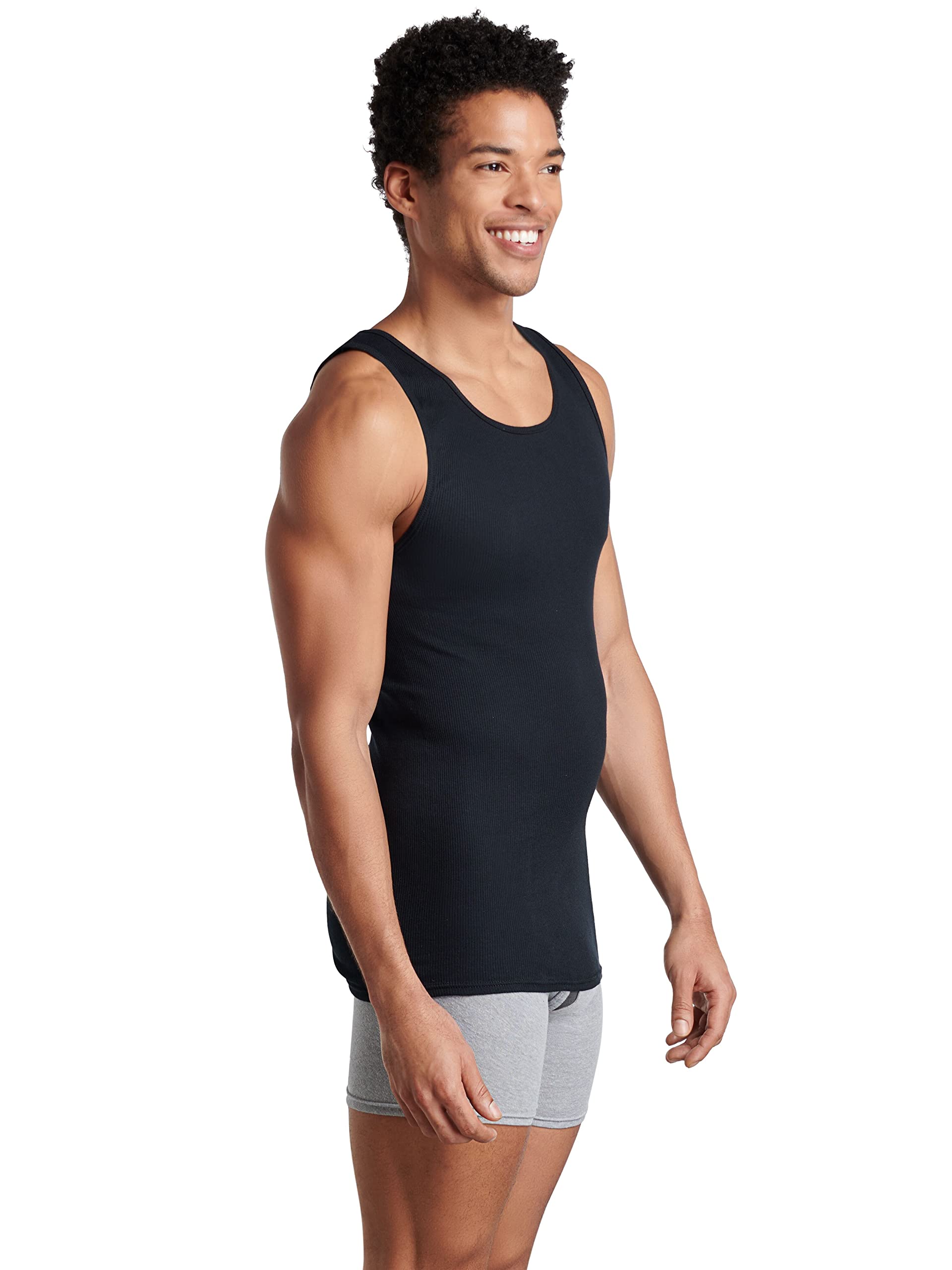 Fruit of the Loom Men's Sleeveless Tank A-Shirt, Tag Free & Moisture Wicking, Ribbed Stretch Fabric, 8 Pack-Black/Grey, Small