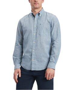 tommy hilfiger men's long sleeve linen blend shirt, regular fit, north sky blue, xx-large