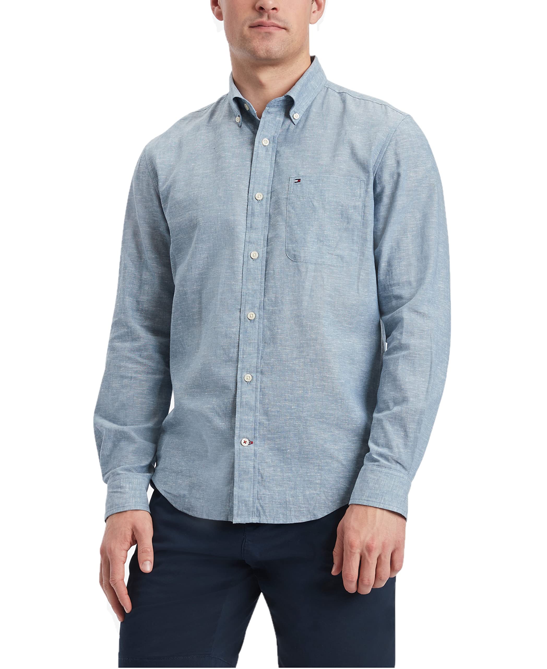 Tommy Hilfiger Men's Long Sleeve Linen Blend Shirt, Regular Fit, North Sky Blue, XX-Large