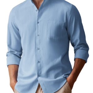 COOFANDY Mens Cotton Linen Mandarin Collar Shirts Long Sleeve Button Down Chambray Shirt Sky Blue