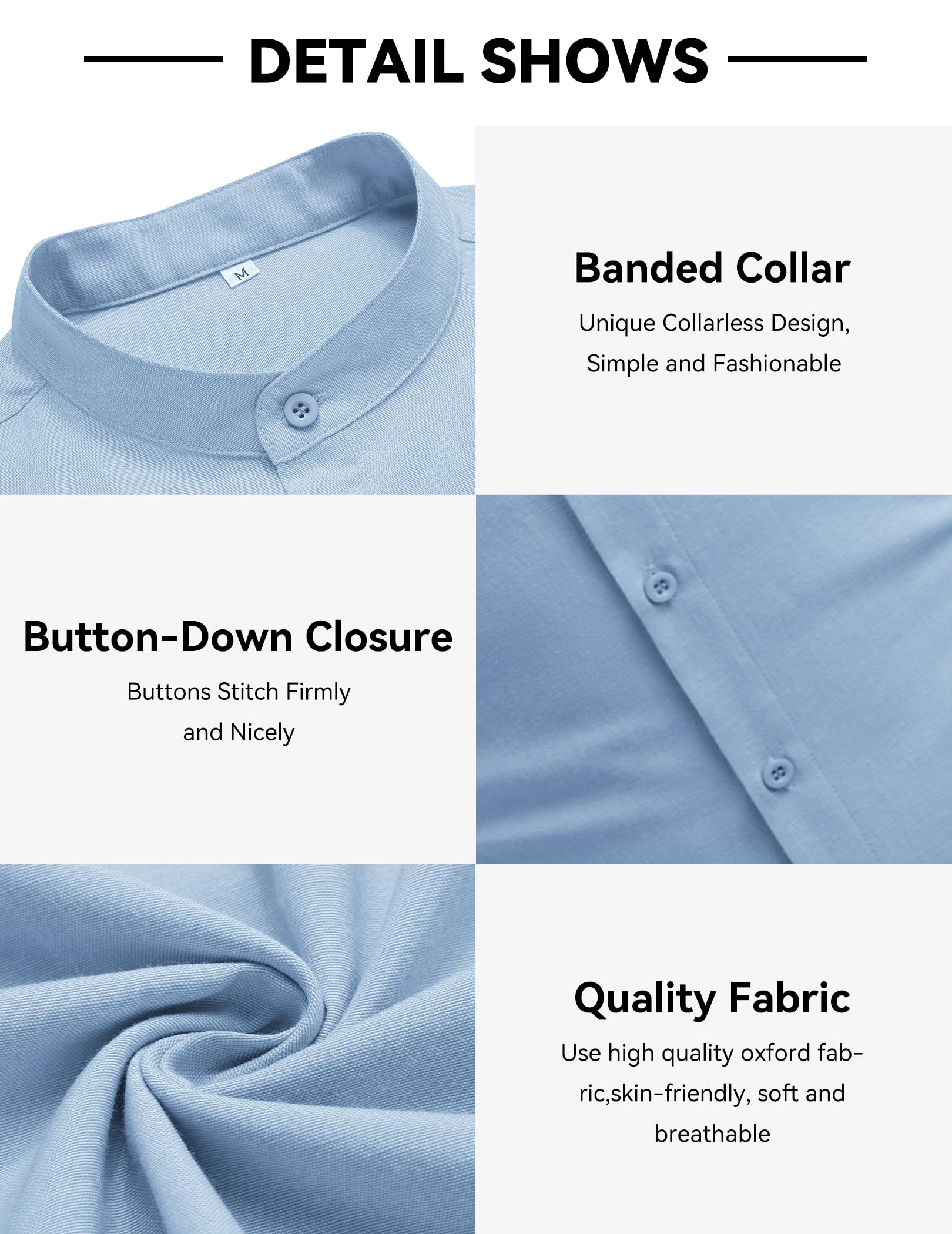 COOFANDY Mens Cotton Linen Mandarin Collar Shirts Long Sleeve Button Down Chambray Shirt Sky Blue