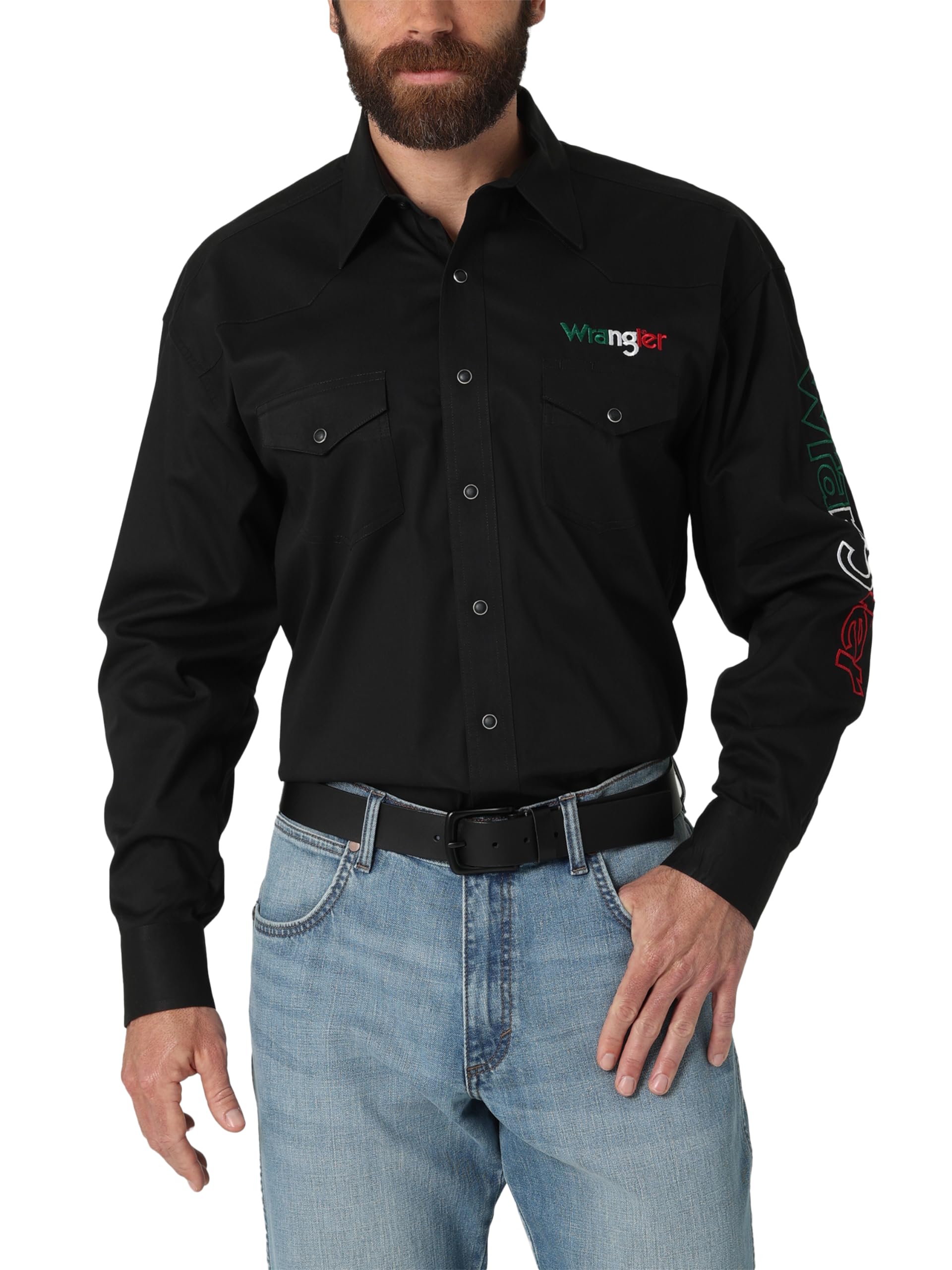 Wrangler Men's Western Logo Two Pocket Long Sleeve Button Shirt, Black