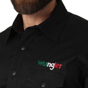 Wrangler Men's Western Logo Two Pocket Long Sleeve Button Shirt, Black