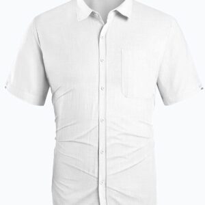 Pengfei Men's Short Sleeve Shirt Linen Cotton Button Down Tees Spread Collar Plain, White, Large