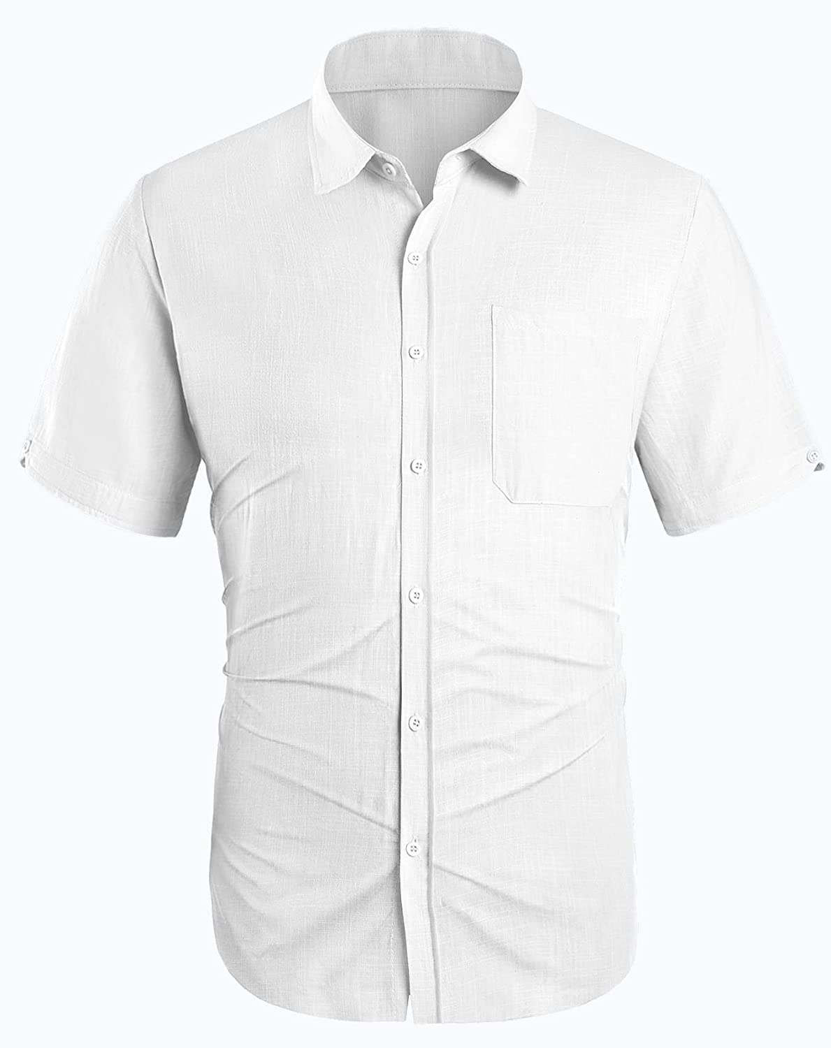 Pengfei Men's Short Sleeve Shirt Linen Cotton Button Down Tees Spread Collar Plain, White, Large