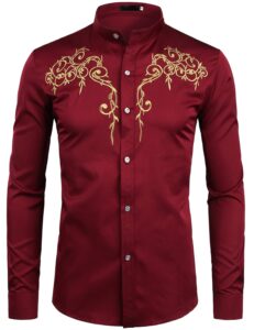 zeroyaa mens hipster design golden floral embroidery slim fit long sleeve mandarin collar shirts tops zzcl08 burgundy large