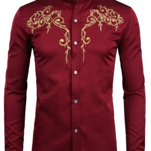 ZEROYAA Mens Hipster Design Golden Floral Embroidery Slim Fit Long Sleeve Mandarin Collar Shirts Tops ZZCL08 Burgundy Large