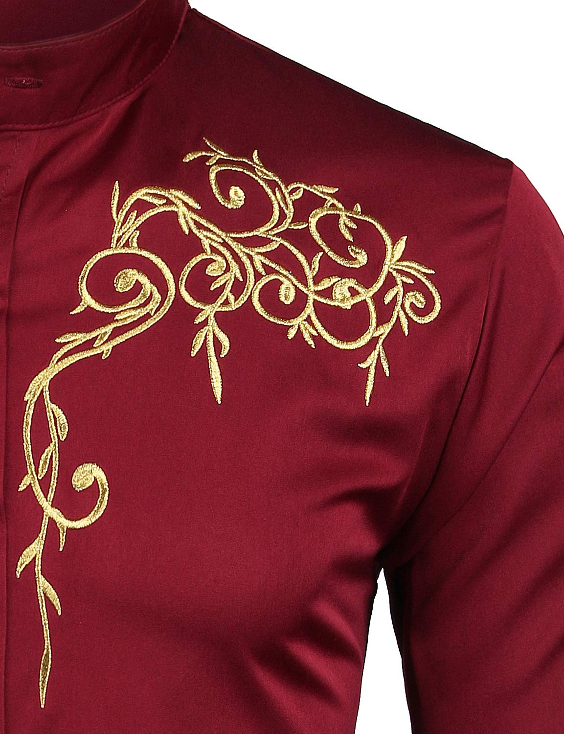 ZEROYAA Mens Hipster Design Golden Floral Embroidery Slim Fit Long Sleeve Mandarin Collar Shirts Tops ZZCL08 Burgundy Large