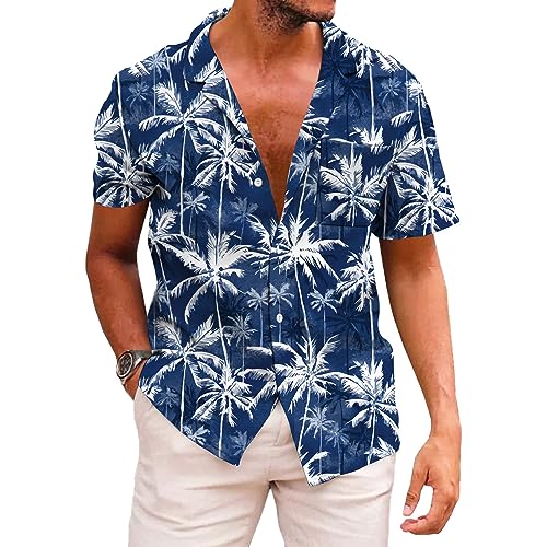 KYKU Mens Summer Shirts Soft Hawaiian Shirt Button Down, Palm Tree Blue, Medium